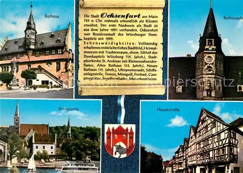 AK / Ansichtskarte Ochsenfurt Rathaus Uhr Mainpartie Kirche Hauptstrasse Fachwerkhaeuser Chronik Wappen Ochsenfurt Kat. Ochsenfurt