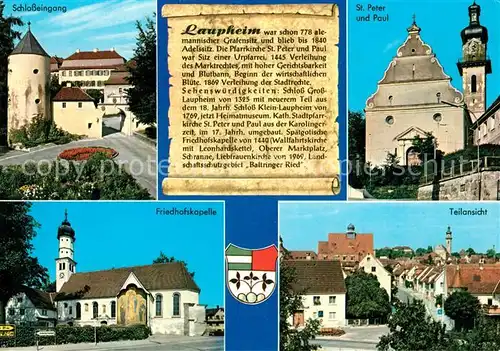 AK / Ansichtskarte Laupheim Schloss Eingang St und Peter Kirche Friedhofskapelle Teilansicht Chronik Wappen Laupheim Kat. Laupheim