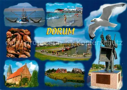 AK / Ansichtskarte Dorum Fischkutter Badestrand Moewe Denkmal Statue Kirche Dorum Kat. Dorum