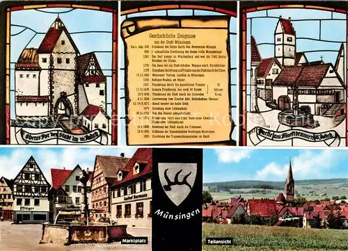 AK / Ansichtskarte Muensingen Geschichtliche Ereignisse Fensterbilder Marktplatz Teilansicht mit Kirche Chronik Wappen Muensingen Kat. Muensingen
