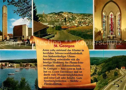 AK / Ansichtskarte St_Georgen_Schwarzwald Stadtpanorama Kirche Inneres Kirchenfenster See Chronik St_Georgen_Schwarzwald Kat. St. Georgen im Schwarzw.