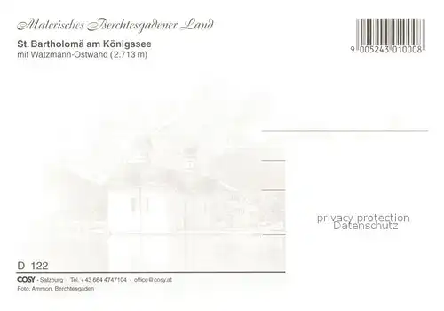 AK / Ansichtskarte St_Bartholomae Wallfahrtskirche mit Watzmann Berchtesgadener Alpen St_Bartholomae Kat. Schoenau a.Koenigssee