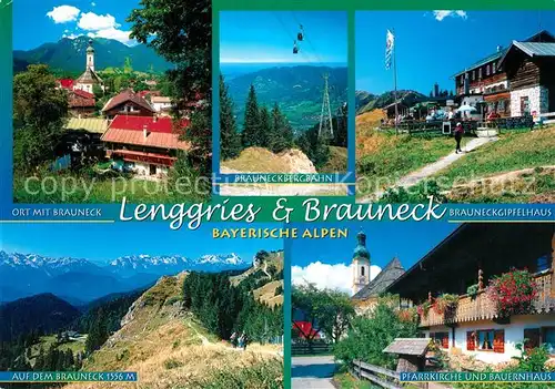 AK / Ansichtskarte Lenggries und Brauneck Bergbahn Brauneckgipfelhaus Pfarrkirche Bauernhaus Alpenpanorama Huber Karte Nr 8440 Lenggries Kat. Lenggries