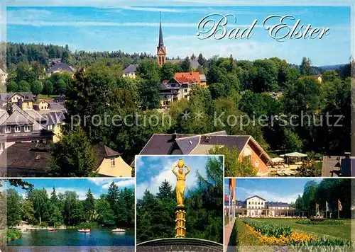 AK / Ansichtskarte Bad_Elster Ortsansicht mit Kirche Gondelteich Goldene Brunnenfigur Marienquelle Badeplatz Park Bad_Elster Kat. Bad Elster