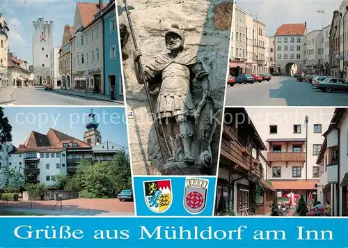 AK / Ansichtskarte Muehldorf_Inn Muenchner Tor Ritter Statue Strassencafe Kirchturm Muehldorf Inn Kat. Muehldorf a.Inn