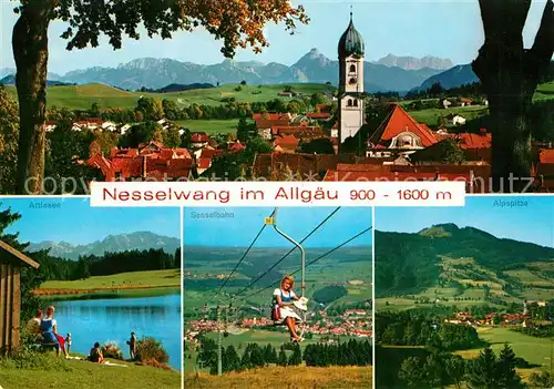 AK / Ansichtskarte Nesselwang Gesamtansicht mit Alpenpanorama Kirche Attlesee Sesselbahn Alpspitze Allgaeuer Alpen Nesselwang Kat. Nesselwang