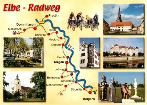AK / Ansichtskarte Belgern_Elbe Elbe Radweg 12 ueber Torgau Dommitzsch nach Prettin Rolandpark Kirche Rathaus Erker Schloss Hartenfels Campingplatz Landkarte Belgern Elbe Kat. Belgern