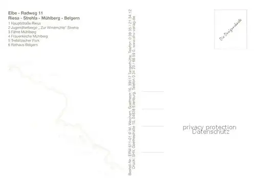 AK / Ansichtskarte Riesa_Sachsen Elbe Radweg 11 ueber Strehla Muehlberg nach Belgern Jugendherberge Faehre Kirche Park Rathaus Landkarte Riesa Sachsen Kat. Riesa