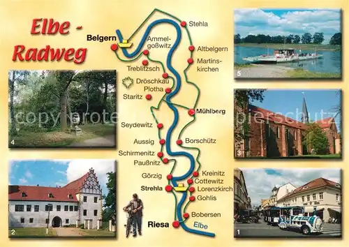 AK / Ansichtskarte Riesa_Sachsen Elbe Radweg 11 ueber Strehla Muehlberg nach Belgern Schloss Kloster Park Faehre Landkarte Riesa Sachsen Kat. Riesa