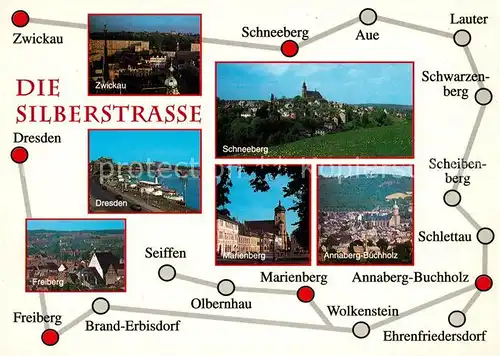 AK / Ansichtskarte Dresden Sehenswuerdigkeiten entlang der Silberstrasse ueber Wolkenstein Annaberg Buchholz Schneeberg bis Zwickau Landkarte Dresden Kat. Dresden_Elbe