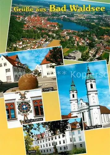 AK / Ansichtskarte Bad_Waldsee Ortsmitte Brunnen Uhr am Rathaus Schloss Kirche St Peter und Paul Fliegeraufnahme Bad_Waldsee Kat. Bad Waldsee