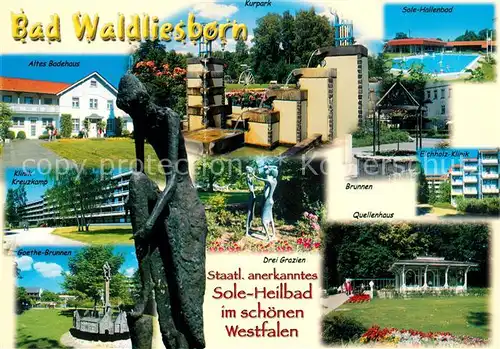 AK / Ansichtskarte Bad_Waldliesborn Badehaus Kurpark Sole Hallenbad Klinik Brunnen Quellenhaus Drei Grazien Statuen Goethe Brunnen Bad_Waldliesborn Kat. Lippstadt