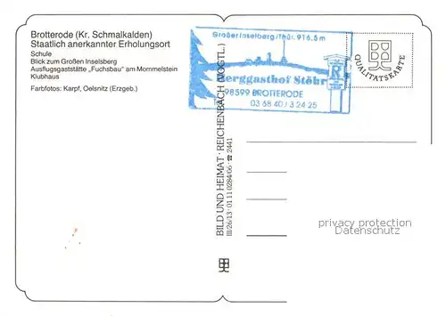 AK / Ansichtskarte Brotterode Schule Panorama Grosser Inselsberg Ausflugsgaststaette Fuchsbau am Mommelstein Klubhaus Brotterode Kat. Brotterode