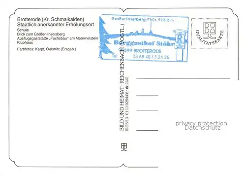 AK / Ansichtskarte Brotterode Schule Panorama Grosser Inselsberg Ausflugsgaststaette am Mommelstein Klubhaus Brotterode Kat. Brotterode