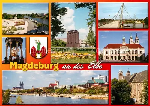 AK / Ansichtskarte Magdeburg Elbufer Promenade Rothehornpark Herrenkrugbruecke Rathaus Magdeburger Reiter Petrifoerder Anlegestelle Weisse Flotte Kathedrale Magdeburg Kat. Magdeburg