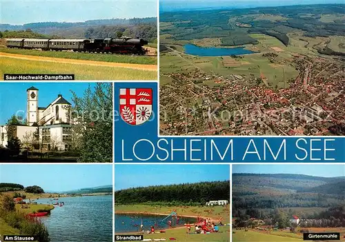 AK / Ansichtskarte Losheim_See Feriengebiet Mosel Saar Hochwald Fliegeraufnahme Dampflokomotive Stausee Strandbad Girtenmuehle Losheim See Kat. Losheim