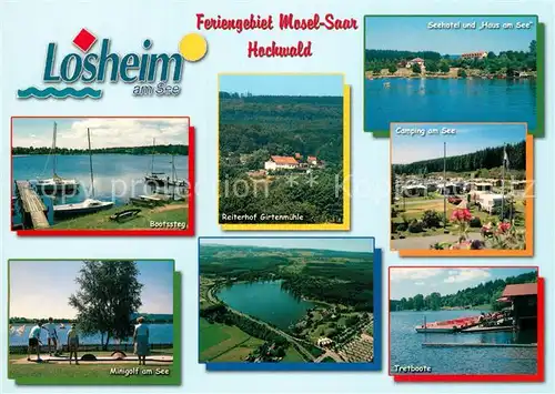 AK / Ansichtskarte Losheim_See Feriengebiet Mosel Saar Hochwald Bootssteg Minigolf Reiterhof Girtenmuehle Seehotel Campingplatz Tretboote Fliegeraufnahme Losheim See Kat. Losheim