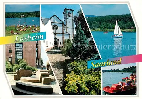 AK / Ansichtskarte Losheim_See Badestrand Kirche Segelboot Tretboot Feriengebiet Saar Mosel Hunsrueck Losheim See Kat. Losheim