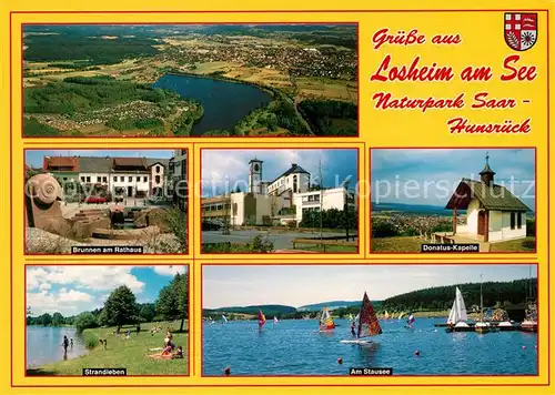 AK / Ansichtskarte Losheim_See Naturpark Saar Hunsrueck Fliegeraufnahme Brunnen Rathaus Strandleben Stausee Kirche Kapelle Losheim See Kat. Losheim