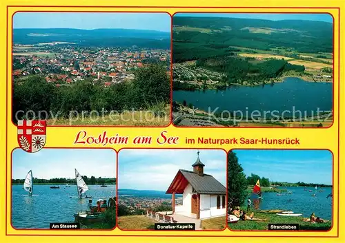 AK / Ansichtskarte Losheim_See Panorama Naturpark Mosel Saar Hunsrueck Stausee Strandleben Kapelle Fliegeraufnahme Losheim See Kat. Losheim