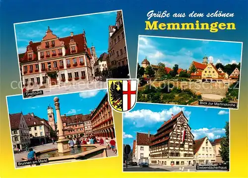 AK / Ansichtskarte Memmingen Grosszunft Brunnen am Markt Siebendaecherhaus Martinskirche Wappen Memmingen Kat. Memmingen