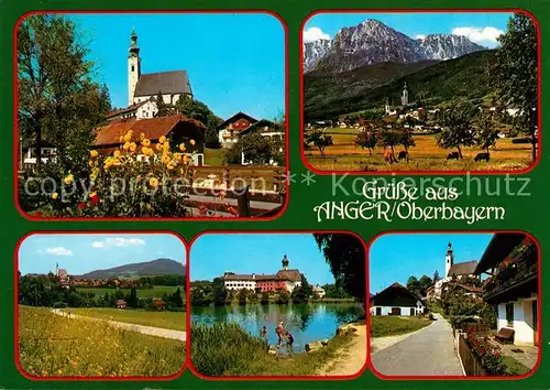 AK / Ansichtskarte Anger_Chiemgau Ortsansicht mit Kirche See Landschaftspanorama Alpen Anger Chiemgau