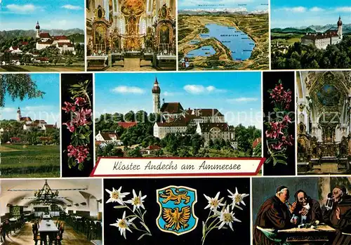 AK / Ansichtskarte Andechs Kloster am Ammersee Klosterkirche Moenche Wappen Edelweiss Andechs Kat. Andechs