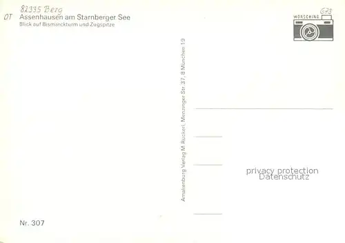 AK / Ansichtskarte Assenhausen_Starnbergersee Blick auf Bismarckturm und Zugspitze Wettersteingebirge Assenhausen Kat. Berg
