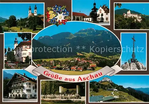 AK / Ansichtskarte Aschau_Chiemgau Gesamtansicht mit Kampenwand Bayerische Alpen Gipfelkreuz Kirche Hotel Schloss Luftkurort Aschau Chiemgau Kat. Aschau i.Chiemgau