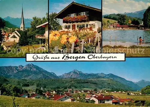AK / Ansichtskarte Bergen_Chiemgau Kirche Blumenschmuck Schwimmbad Gesamtansicht mit Alpenpanorama Bergen Chiemgau Kat. Bergen