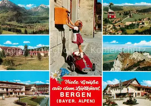 AK / Ansichtskarte Bergen_Chiemgau Gesamtansicht Luftkurort mit Alpenpanorama Bergbahn Gipfelkreuz Maedchen am Briefkasten Bergen Chiemgau Kat. Bergen