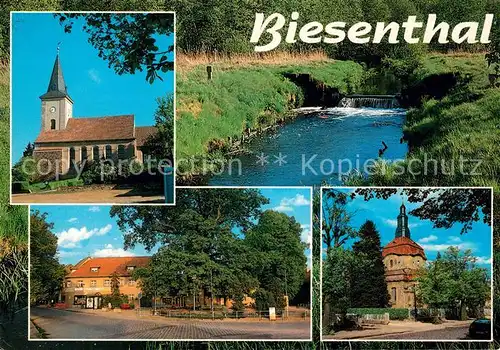 AK / Ansichtskarte Biesenthal Bernau Kirche Alte Eiche am Marktplatz Uferpartie am Bach Wehr Biesenthal Bernau Kat. Biesenthal Bernau