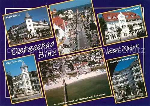 AK / Ansichtskarte Binz_Ruegen Hotels Villa Hoffnung Strassenpartie Strandpromenade Kurhaus Seebruecke Fliegeraufnahme Binz_Ruegen Kat. Binz