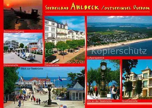 AK / Ansichtskarte Ahlbeck_Ostseebad Sonnenuntergang Duenenstrasse Seebruecke Standuhr Goethestrasse Fliegeraufnahme Ahlbeck_Ostseebad Kat. Heringsdorf Insel Usedom
