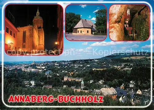 AK / Ansichtskarte Annaberg Buchholz_Erzgebirge Teilansicht mit Poehlberg St Annenkirche Nachtaufnahme Frohnauer Hammer Besucherbergwerk Annaberg Buchholz Kat. Annaberg