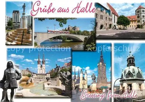 AK / Ansichtskarte Halle_Saale Haendel Statue Bruecke Stadtansichten Halle_Saale Kat. Halle