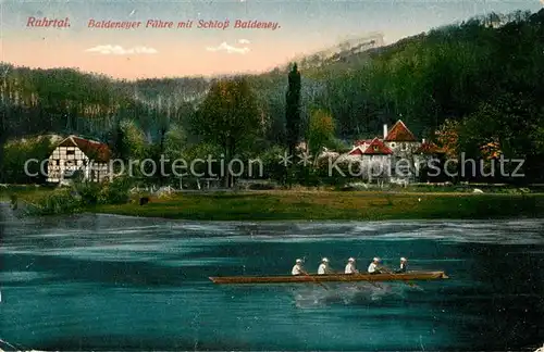 AK / Ansichtskarte Essen_Ruhr Baldeneysee Faehre mit Schloss Baldeney Ruderboot Essen_Ruhr Kat. Essen