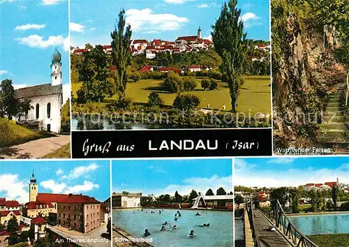AK / Ansichtskarte Landau_Isar Panorama Kirche Wachsender Felsen Theresienplatz Freibad Bruecke Landau Isar