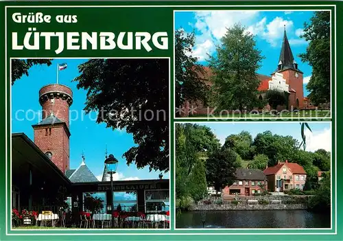 AK / Ansichtskarte Luetjenburg_Holstein Bismarckturm Restaurant Terrasse Kirche Partie an der Kossau Luetjenburg_Holstein