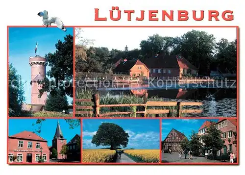 AK / Ansichtskarte Luetjenburg_Holstein Bismarckturm Partie am Fluss Kossau Kirche Innenstadt Landschaftspanorama Luetjenburg_Holstein