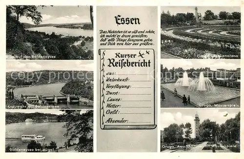AK / Ansichtskarte Essen_Ruhr Baldeneysee Stauwehr Villa Huegel Grugapark Dahlienarena Wasserspiele Aussichtsturm Essen_Ruhr