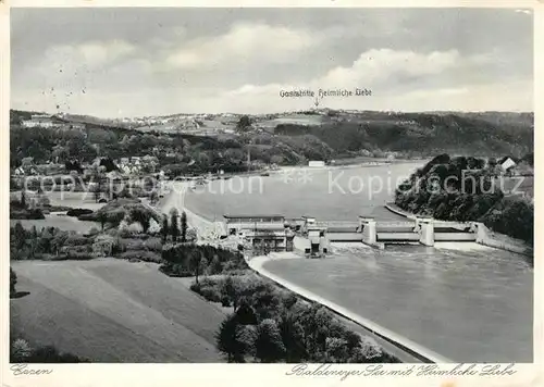 AK / Ansichtskarte Essen_Ruhr Baldeneysee Stauwehr und Gaststaette Heimliche Liebe Essen_Ruhr