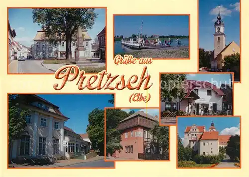 AK / Ansichtskarte Pretzsch_Elbe Wieckhaus Faehre Kirche Parkhotel  Pretzsch Elbe