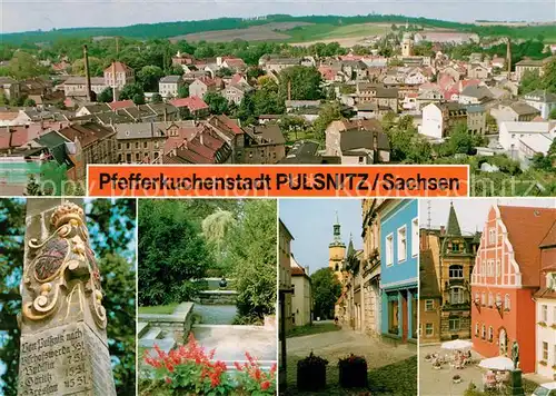 AK / Ansichtskarte Pulsnitz_Sachsen Postsaeule Stadtpark Kirche Ratskeller Pulsnitz Sachsen