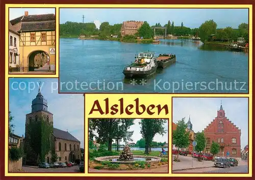 AK / Ansichtskarte Alsleben_Saale Saaltor Kirche Rathaus Schiff Alsleben_Saale