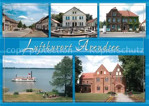 AK / Ansichtskarte Arendsee_Ostseebad Friedensstrasse Rathaus Brunnen Haus des Gastes Fahrgastschiff Queen Arendsee Klosterkirche Arendsee_Ostseebad