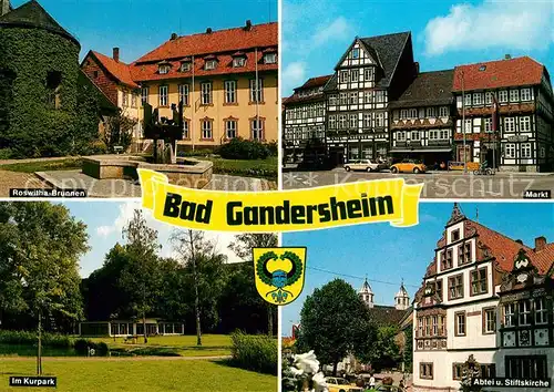 AK / Ansichtskarte Bad_Gandersheim Roswitha Brunnen Markt Kurpark Abtei Stiftskirche Bad_Gandersheim