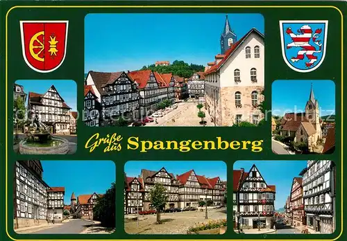AK / Ansichtskarte Spangenberg_Hessen Altstadt Fachwerkhaeuser Kirche Wappen Luftkurort Spangenberg Hessen