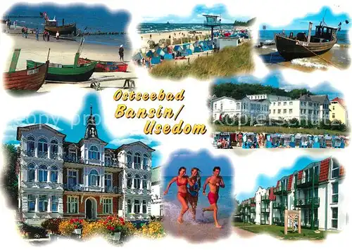 AK / Ansichtskarte Bansin_Ostseebad Strand Fischerboot Kurhaus Hotel Bansin_Ostseebad