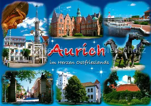 AK / Ansichtskarte Aurich_Ostfriesland Innenstadt Fussgaengerzone Schloss Pferdeskulpturen Bootsanleger Aurich_Ostfriesland